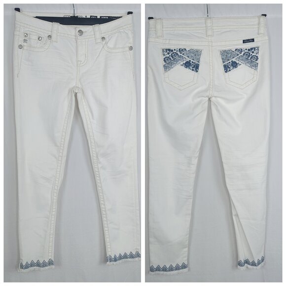 Miss Me White Jeans 27 Mid Rise Ankle Skinny Blue Embroidery - Picture 1 of 10
